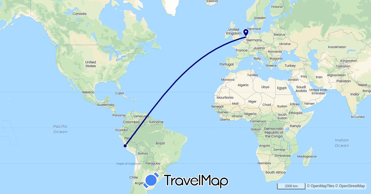 TravelMap itinerary: driving in Netherlands, Peru (Europe, South America)